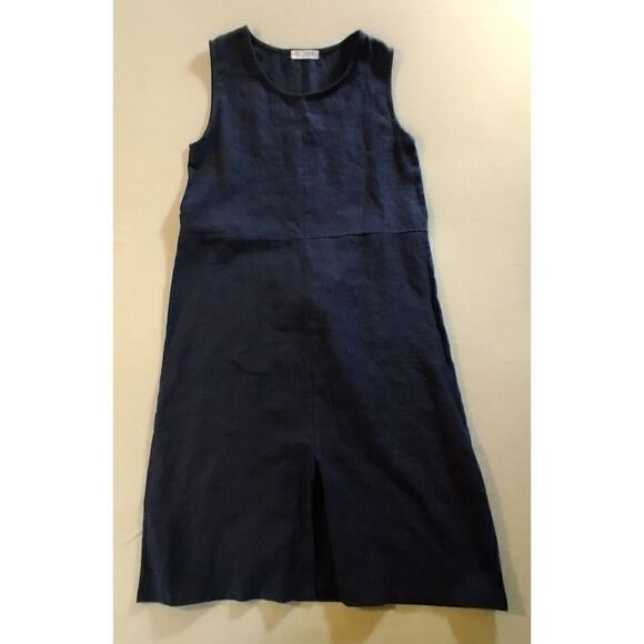 AROUND 101 NAVY BLUE LINEN LAGENLOOK DRESS OPEN SIZE TIE BACK SLEEVELESS - Picture 1 of 7